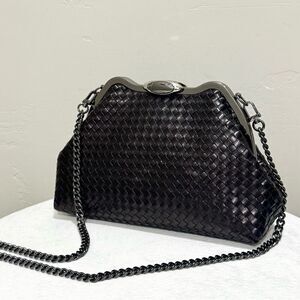 Black Woven Leather Handmade Custom Push Lock Metal Frame Handbag, Crossbody